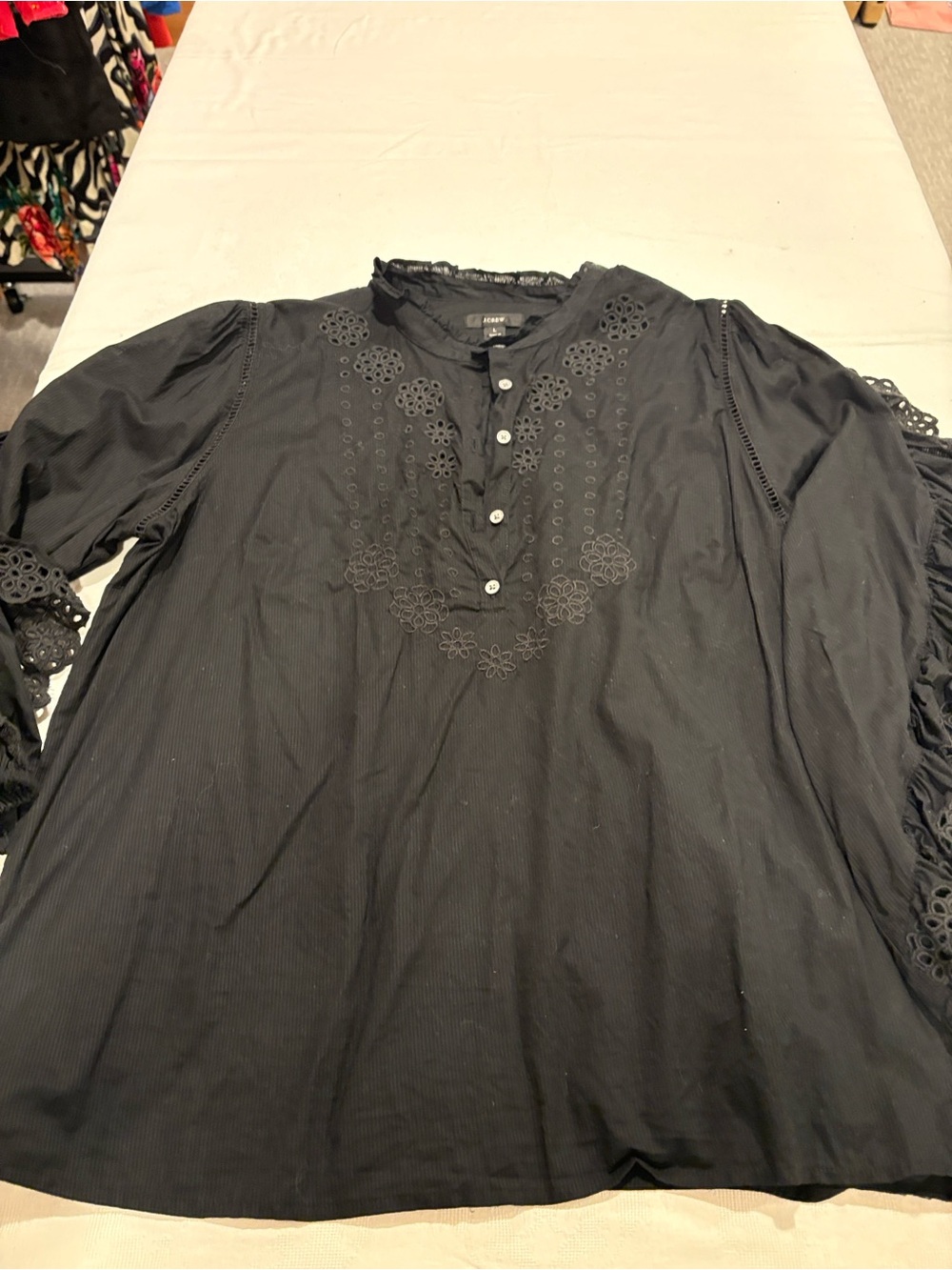 J. Crew Black Button-Front Blouse with Ruffle Trim